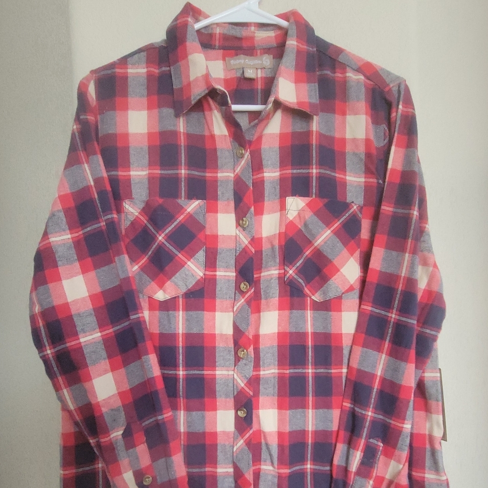 Victory Outfitters Flannel Button Down Shirt Womens M Red Blue Plaid Long Sleeve